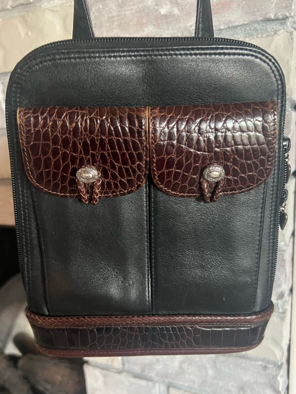 Brighton Cross Body Bag Purse Black Brown Leather, Croc-Embossed Trim Vintage